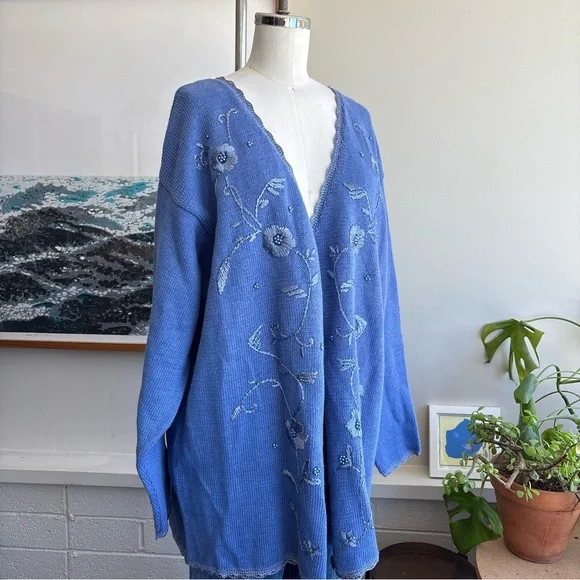 Extra Touch Women's Cardigan in Blue with Floral Embroidery - Picture 9 of 9